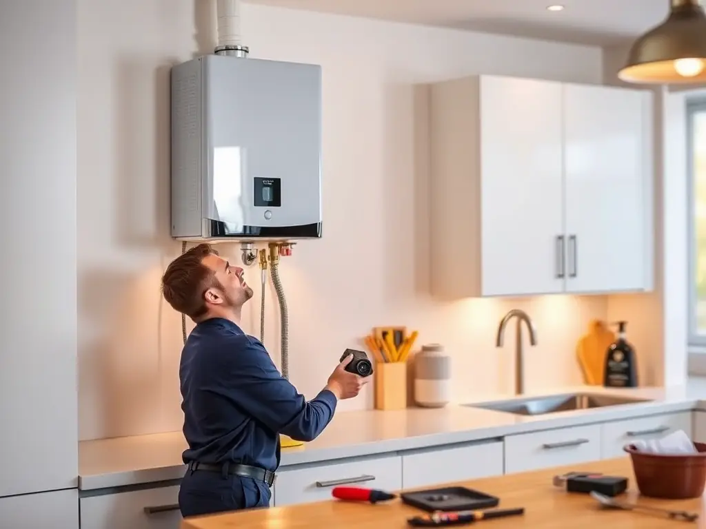 A technician installing a new tankless water heater on a basement wall, with copper piping and digital controls, in a well-lit residential utility room.