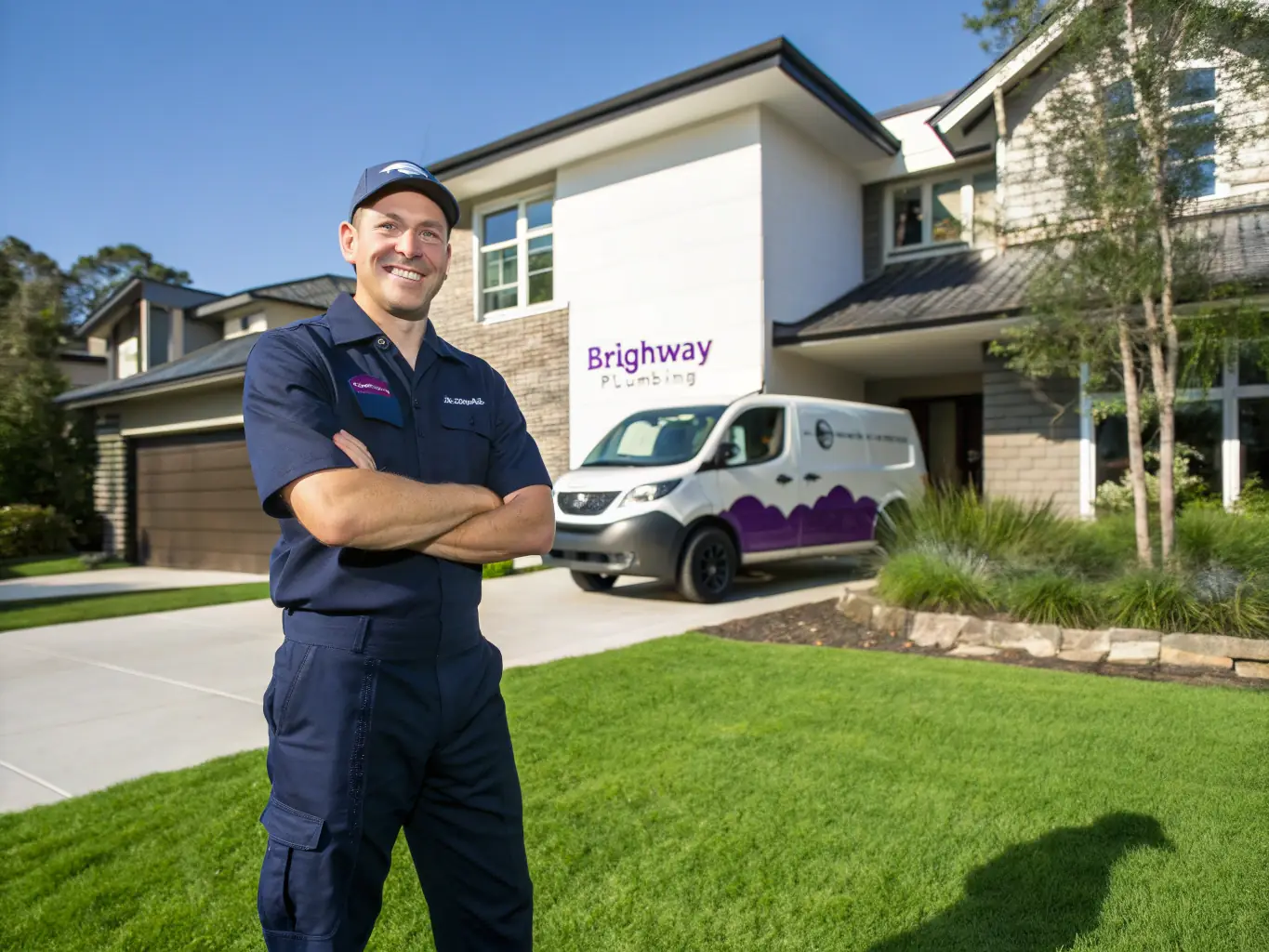A close-up photo of a friendly Idaho Plumbing Services technician in uniform, standing in front of a branded service van parked on a residential street in Caldwell, smiling and ready to assist.