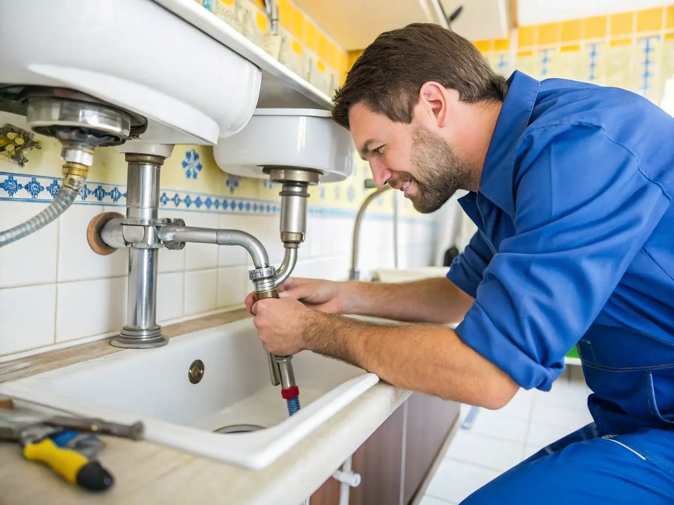 A close-up of a plumber’s hands using a wrench to tighten a shiny new faucet in a modern kitchen, with clean lines and a blue-green color palette. The image conveys quality workmanship and attention to detail.