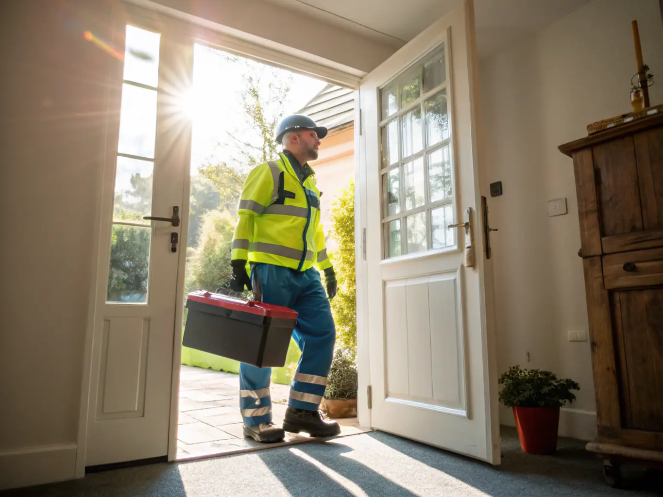 A professional plumber in a blue uniform arrives at a well-lit suburban home at night, carrying emergency repair tools and greeted by a relieved homeowner. The image conveys trust, urgency, and readiness for 24/7 service.