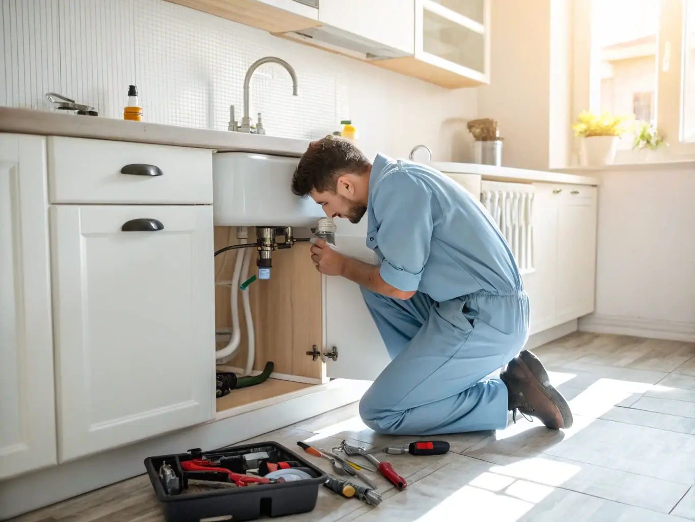 A professional plumber in branded uniform repairing a burst pipe under a kitchen sink, with water spraying and emergency tools visible, in a modern Caldwell home setting.