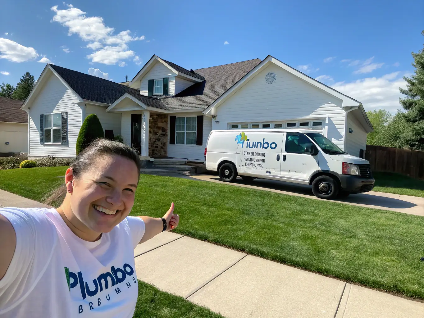 A smiling Idaho Plumbing Services technician in branded attire stands beside a service van, shaking hands with a homeowner in front of a tidy house. The image conveys professionalism, reliability, and local expertise.