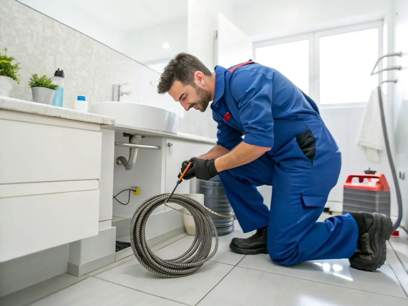 A close-up of a plumber using a drain snake to clear a clogged bathroom drain, with clean pipes and water flowing freely, in a bright, modern bathroom.
