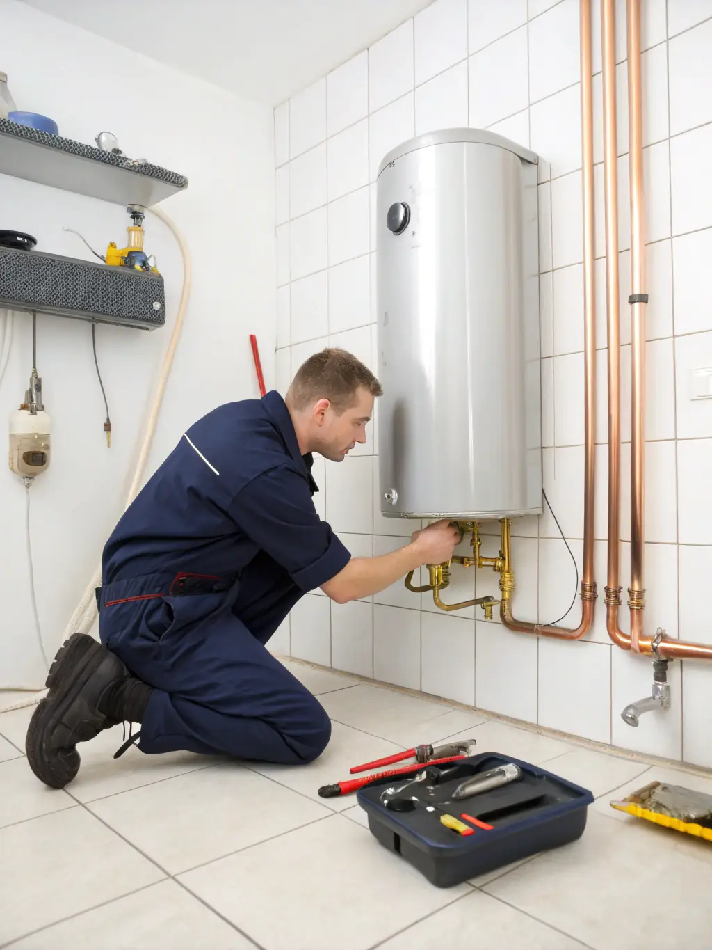 A uniformed technician installing a new, energy-efficient water heater in a bright utility closet, with pipes and safety equipment visible.